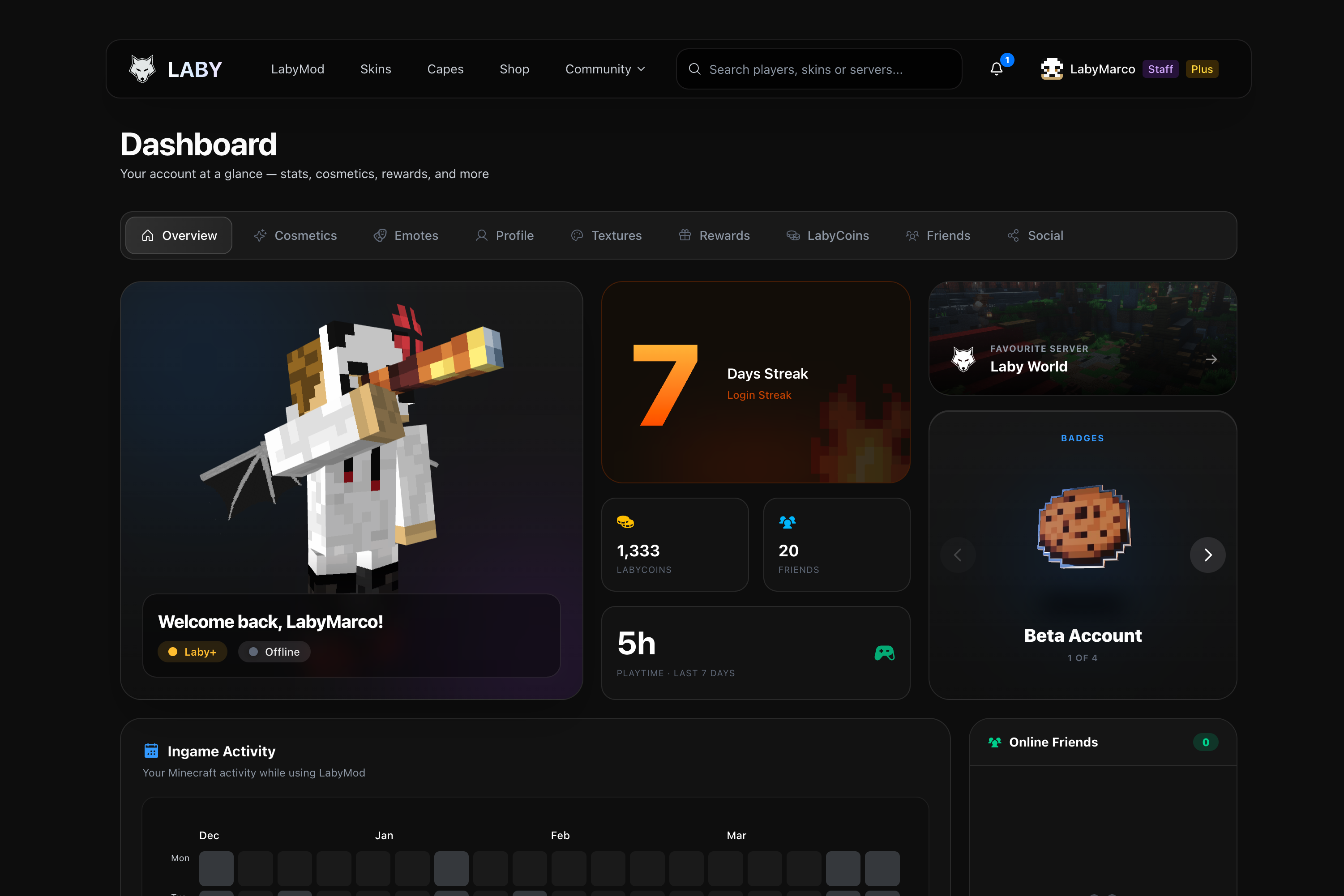 Das neue Dashboard gibt dir einen zentralen Überblick über deinen Account, einschließlich Cosmetics, Freunden, Belohnungen, Guthaben und letzten Aktivitäten.